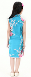 Girls' Adorable Blue Silk Floral and Peacock Print Qipao Dress