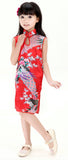 Girls' Adorable Red Silk Floral and Peacock Print Qipao Dress