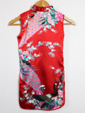 Girls' Adorable Red Silk Floral and Peacock Print Qipao Dress