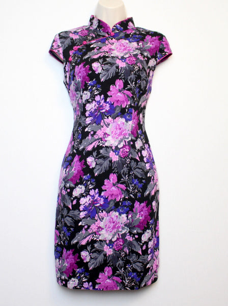 Ladies' Qipao Dress (Cheongsam) in Black and Purple Floral Print