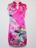 Girls' Adorable Hot Pink Silk Floral and Peacock Print Qipao Dress