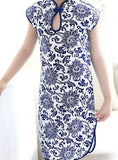 Girls' Adorable Blue-and-White Brocade Flower Pattern Qipao Dress