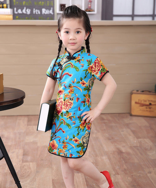 Geneeskunde Neem een ​​bad gek geworden Girls' Beautiful Western Chinese Print Qipao Dress (Blue) – Happy Panda Shop