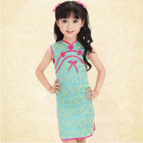 Girls' Beautiful Aquamarine Brocade Qipao Dress w/ Pink Accents