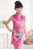 Girls' Adorable Hot Pink Silk Floral and Peacock Print Qipao Dress