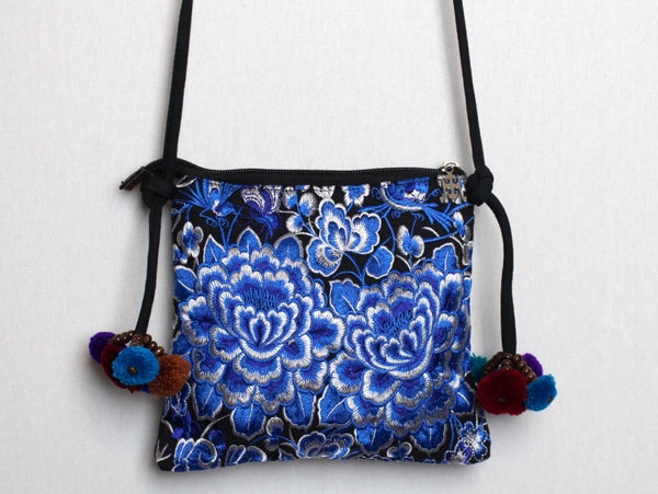 Embroidered Purse with Blue and white Floral Print (Cross-Body)
