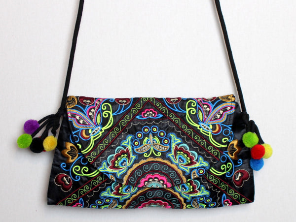 Embroidered Purse with Black and Green Floral Print (Cross-Body)