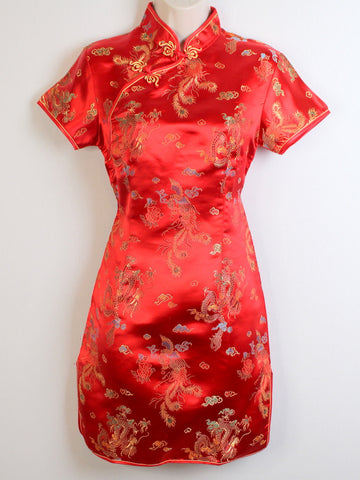 Ladies' Traditional Qipao Dress (Cheongsam) in Beautiful Red Brocade