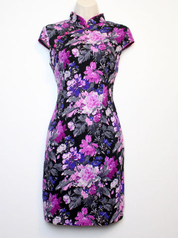 Ladies' Qipao Dress (Cheongsam) in Black and Purple Floral Print