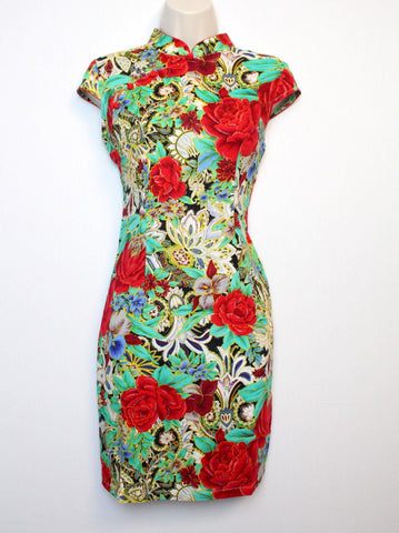 Ladies' Qipao Dress (Cheongsam) in Green and Red Floral Print