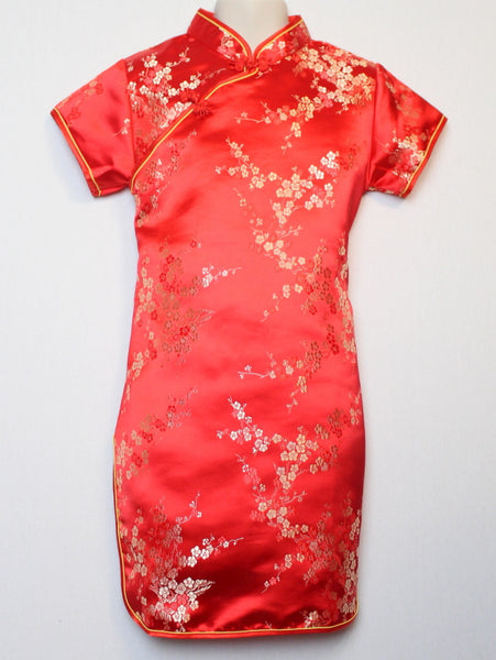 Girls' Beautiful Traditional Qipao Dress (Red Brocade w/ Gold Accents)