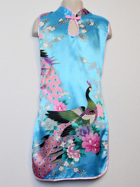 Girls' Adorable Blue Silk Floral and Peacock Print Qipao Dress