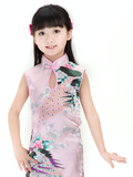 Girls' Adorable Light Pink Silk Floral and Peacock Print Qipao Dress