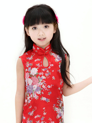 Girls' Adorable Red Silk Floral Print Qipao Dress