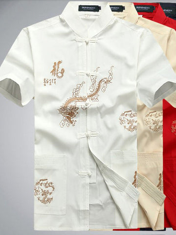 Handsome Chinese Dragon and Calligraphy Top for Men (White)