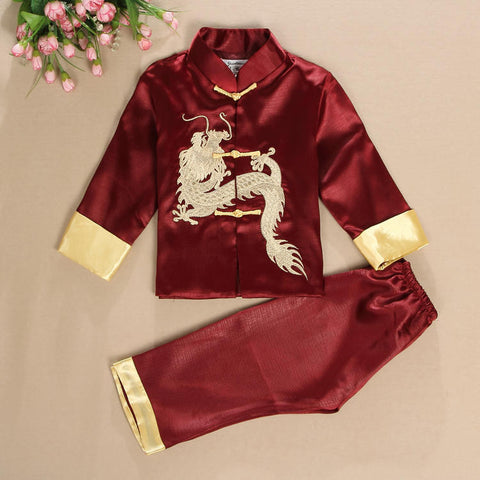 Handsome Dragon Satin Outfit for Boys and Juniors (Crimson/Wine)