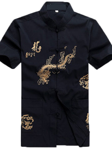 Handsome Chinese Dragon and Calligraphy Top for Men (Black)