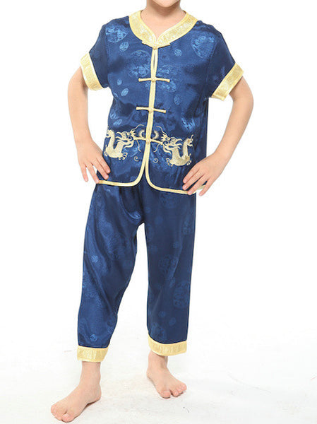 Boys Two-Piece Traditional Embroidered Dragon Outfit (Blue)