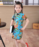 Girls' Beautiful Western Chinese Print Qipao Dress (Blue)