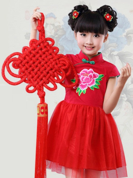 Girls' Modern Style Stunning Red Qipao Dress w/ Embroidered Flower